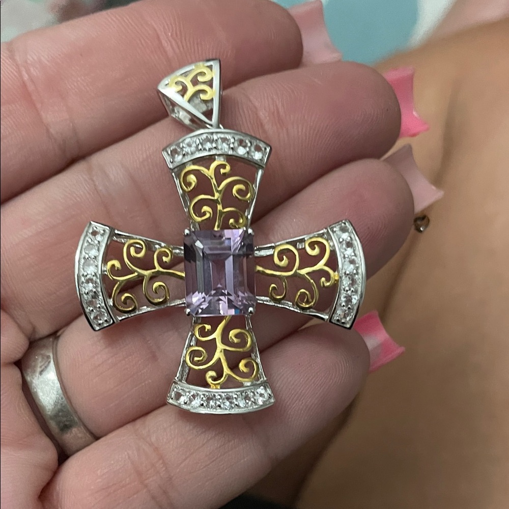 Elegant Gold and Sterling Silver Cross Pendant with Purple Gemstone